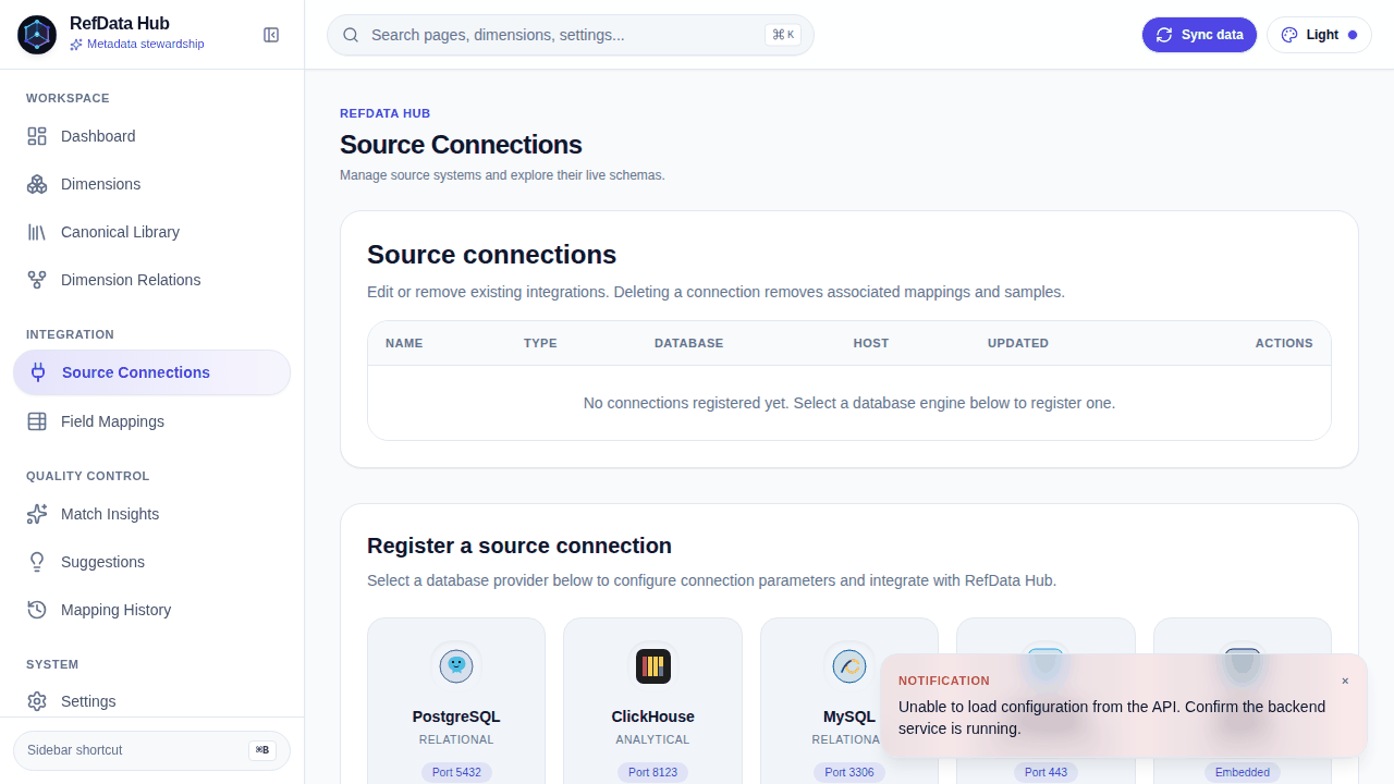 Source connections registration and schema profiling